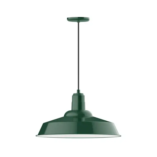 Cord hung pendants are a fun and useful addition to your décor, they will add color, and design flair to any application. Choose from 10 finishes and 10 cord patterns, accessorize with a wire grill, or glass and guard to create your own custom pendant. Great for interior use over a table, island, or workbench. The Warehouse shade is our most popular shade style, and we offer in a large variety of sizes. Collection: Warehouse Finish: Forest Green Glass: 20 inch Warehouse Width: 20.00" Height: 82.00" Length: 20.00" Weight: 12.00 lb Wire: 6' Gray Fabric Cord Canopy: 5.375" diameter Number of Bulbs: 1 Maximum Wattage: 25.00 W Bulb Type: LED Light Source: LED Light Output: 1800.00 lm Color Temperature: 2700 K CRI: 90 Dimmable Rated Average Life: 50,000 Voltage: 120.00 V Country of Origin: US Safety Listing: UL/cUL Safety Rating: Dry Dark Sky LED Manufacturer Warranty: 1-year limited warranty on the fixture.
