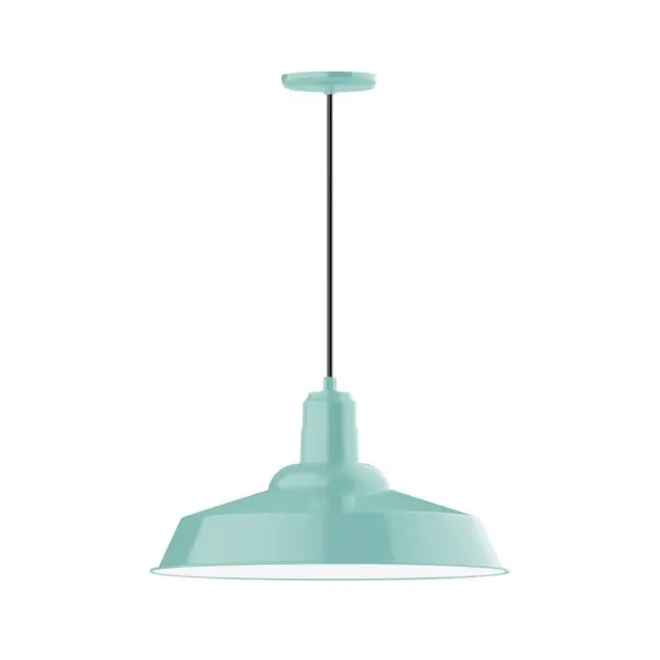 Cord hung pendants are a fun and useful addition to your décor, they will add color, and design flair to any application. Choose from 10 finishes and 10 cord patterns, accessorize with a wire grill, or glass and guard to create your own custom pendant. Great for interior use over a table, island, or workbench. The Warehouse shade is our most popular shade style, and we offer in a large variety of sizes. Collection: Warehouse Finish: Sea Green Glass: 20 inch Warehouse Width: 20.00" Height: 82.00" Length: 20.00" Weight: 12.00 lb Wire: 6' Black Fabric Cord Canopy: 5.375" diameter Number of Bulbs: 1 Maximum Wattage: 25.00 W Light Source: LED Light Output: 1800.00 lm Color Temperature: 2700 K CRI: 90 Dimmable Rated Average Life: 50,000 Voltage: 120.00 V Country of Origin: US Safety Listing: UL/cUL Safety Rating: Dry Dark Sky LED Manufacturer Warranty: 1-year limited warranty on the fixture.
