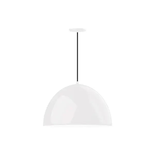 As big as your vision, our XL Choices are designed to add maximum visual impact and light output to your space. Big hanging pendants range in size from 22 inches to 42 inches and will fill a large space in great style. Cord hung pendants are a fun and useful addition to your décor, they will add color, and design flair to any application. Collection: XL Choices Finish: White w/White Interior Glass: 22 inch XL Choices Deep Dome Width: 22.00" Height: 110.00" Length: 22.00" Weight: 14.00 lb Wire: 6' Black SJT Canopy: 5.375" diameter Number of Bulbs: 1 Maximum Wattage: 25.00 W Light Source: LED Light Output: 1800.00 lm Color Temperature: 3000 K CRI: 90 Dimmable Rated Average Life: 50,000 Voltage: 120.00 V Country of Origin: US Safety Listing: UL/cUL Safety Rating: Dry LED Manufacturer Warranty: 1-year limited warranty on the fixture.