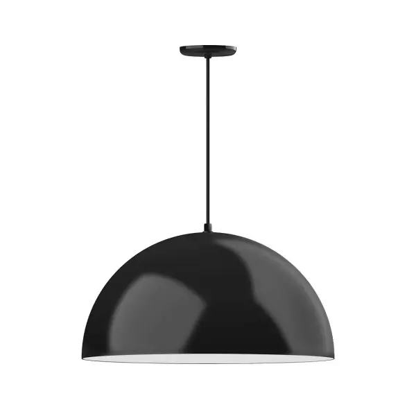As big as your vision, our XL Choices are designed to add maximum visual impact and light output to your space. Big hanging pendants range in size from 22 inches to 42 inches and will fill a large space in great style. Cord hung pendants are a fun and useful addition to your décor, they will add color, and design flair to any application. Collection: XL Choices Finish: Black w/White Interior Glass: 24 inch XL Choices Shallow Dome Notes: Option (1) A19 LED and Integrated LED Width: 24.00" Height: 109.00" Length: 24.00" Weight: 14.00 lb Wire: 6' Black SJT Canopy: 5.375" diameter Number of Bulbs: 1 Maximum Wattage: 100.00 W Bulb Type: A19 Bulb Base: E26 Medium Light Source: Incandescent or LED equivalent Dimmable Voltage: 120.00 V Country of Origin: US Safety Listing: UL/cUL Safety Rating: Dry LED Manufacturer Warranty: 1-year limited warranty on the fixture.
