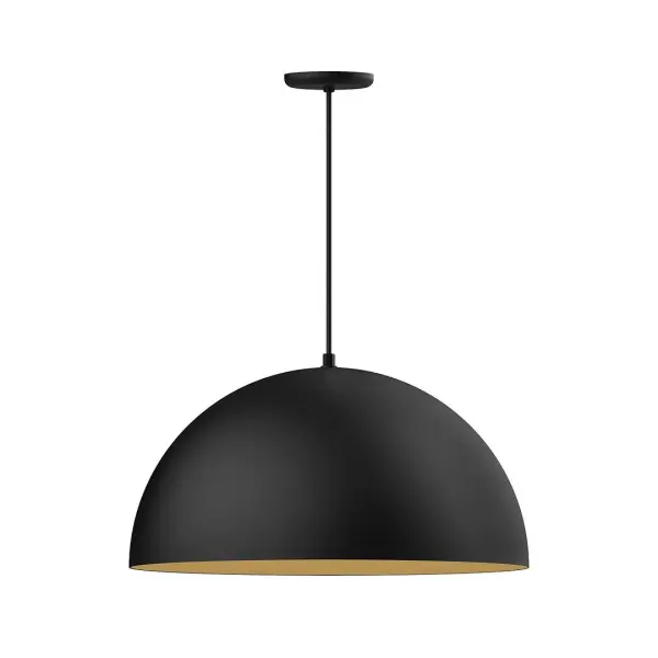 As big as your vision, our XL Choices are designed to add maximum visual impact and light output to your space. Big hanging pendants range in size from 22 inches to 42 inches and will fill a large space in great style. Cord hung pendants are a fun and useful addition to your décor, they will add color, and design flair to any application. Collection: XL Choices Finish: Black w/Gold Matte Interior Glass: 24 inch XL Choices Shallow Dome Width: 24.00" Height: 109.00" Length: 24.00" Weight: 14.00 lb Wire: 6' Black SJT Canopy: 5.375" diameter Number of Bulbs: 1 Maximum Wattage: 25.00 W Light Source: LED Light Output: 1800.00 lm Color Temperature: 3000 K CRI: 90 Dimmable Rated Average Life: 50,000 Voltage: 120.00 V Country of Origin: US Safety Listing: UL/cUL Safety Rating: Dry LED Manufacturer Warranty: 1-year limited warranty on the fixture.