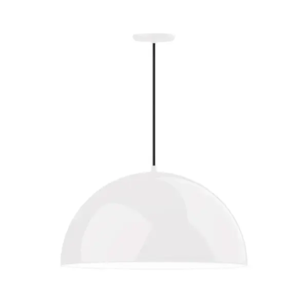 As big as your vision, our XL Choices are designed to add maximum visual impact and light output to your space. Big hanging pendants range in size from 22 inches to 42 inches and will fill a large space in great style. Cord hung pendants are a fun and useful addition to your décor, they will add color, and design flair to any application. Collection: XL Choices Finish: White w/White Interior Glass: 24 inch XL Choices Shallow Dome Width: 24.00" Height: 109.00" Length: 24.00" Weight: 14.00 lb Wire: 6' Black SJT Canopy: 5.375" diameter Number of Bulbs: 1 Maximum Wattage: 25.00 W Light Source: LED Light Output: 1800.00 lm Color Temperature: 3000 K CRI: 90 Dimmable Rated Average Life: 50,000 Voltage: 120.00 V Country of Origin: US Safety Listing: UL/cUL Safety Rating: Dry LED Manufacturer Warranty: 1-year limited warranty on the fixture.