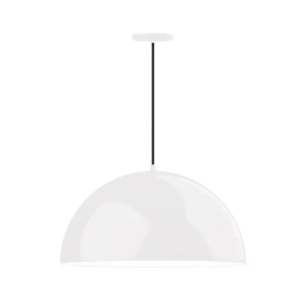As big as your vision, our XL Choices are designed to add maximum visual impact and light output to your space. Big hanging pendants range in size from 22 inches to 42 inches and will fill a large space in great style. Cord hung pendants are a fun and useful addition to your décor, they will add color, and design flair to any application. Collection: XL Choices Finish: White w/White Interior Glass: 24 inch XL Choices Shallow Dome Notes: Option (1) A19 LED and Integrated LED Width: 24.00" Height: 109.00" Length: 24.00" Weight: 14.00 lb Wire: 6' Black SJT Canopy: 5.375" diameter Number of Bulbs: 1 Maximum Wattage: 100.00 W Bulb Type: A19 Bulb Base: E26 Medium Light Source: Incandescent or LED equivalent Dimmable Voltage: 120.00 V Country of Origin: US Safety Listing: UL/cUL Safety Rating: Dry LED Manufacturer Warranty: 1-year limited warranty on the fixture.