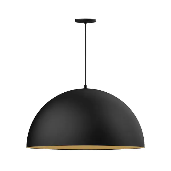 As big as your vision, our XL Choices are designed to add maximum visual impact and light output to your space. Big hanging pendants range in size from 22 inches to 42 inches and will fill a large space in great style. Cord hung pendants are a fun and useful addition to your décor, they will add color, and design flair to any application. Collection: XL Choices Finish: Black w/Gold Matte Interior Glass: 30 inch XL Choices Shallow Dome Width: 30.00" Height: 112.00" Length: 30.00" Weight: 14.50 lb Wire: 6' Black SJT Canopy: 5.375" diameter Number of Bulbs: 1 Maximum Wattage: 25.00 W Light Source: LED Light Output: 1800.00 lm Color Temperature: 3000 K CRI: 90 Dimmable Rated Average Life: 50,000 Voltage: 120.00 V Country of Origin: US Safety Listing: UL/cUL Safety Rating: Dry LED Manufacturer Warranty: 1-year limited warranty on the fixture.