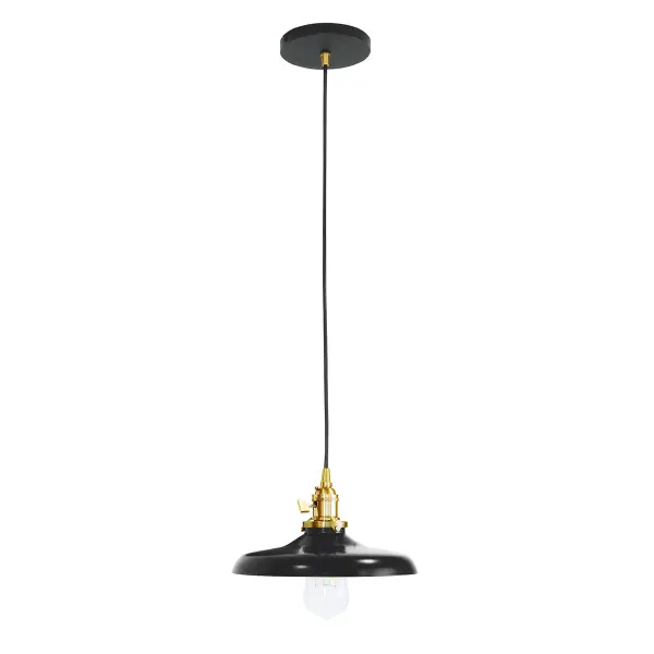 The Uno Pendant is a nod to our industrial roots. Designed around a single Uno socket and shade holder, with multiple shades in various materials, the options for this series are endless. These sconces are for interior use, great fixtures in a living area, bedroom or kitchen. Collection: Uno Finish: Black w/Brushed Brass Glass: 10 inch Uno Notes: Option (1) A19 LED or A19 LED Filament Width: 10.00" Height: 77.00" Length: 10.00" Weight: 6.00 lb Wire: 6' Black SJT Canopy: 5" diameter Number of Bulbs: 1 Maximum Wattage: 100.00 W Bulb Type: A19 Bulb Base: E26 Medium Light Source: Incandescent or LED equivalent Dimmable Voltage: 120.00 V Country of Origin: US Safety Listing: UL/cUL Safety Rating: Dry Dark Sky LED Manufacturer Warranty: 1-year limited warranty on the fixture.