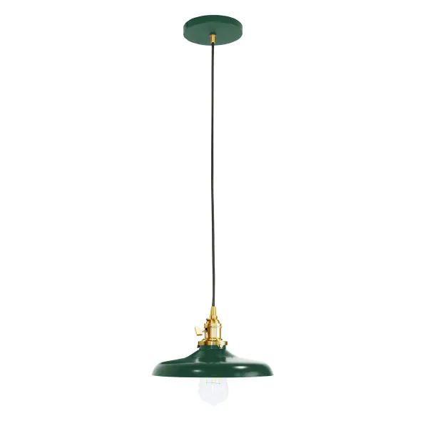 The Uno Pendant is a nod to our industrial roots. Designed around a single Uno socket and shade holder, with multiple shades in various materials, the options for this series are endless. These sconces are for interior use, great fixtures in a living area, bedroom or kitchen. Collection: Uno Finish: Forest Green w/Brushed Brass Glass: 10 inch Uno Notes: Option (1) A19 LED or A19 LED Filament Width: 10.00" Height: 77.00" Length: 10.00" Weight: 6.00 lb Wire: 6' Black SJT Canopy: 5" diameter Number of Bulbs: 1 Maximum Wattage: 100.00 W Bulb Type: A19 Bulb Base: E26 Medium Light Source: Incandescent or LED equivalent Dimmable Voltage: 120.00 V Country of Origin: US Safety Listing: UL/cUL Safety Rating: Dry Dark Sky LED Manufacturer Warranty: 1-year limited warranty on the fixture.