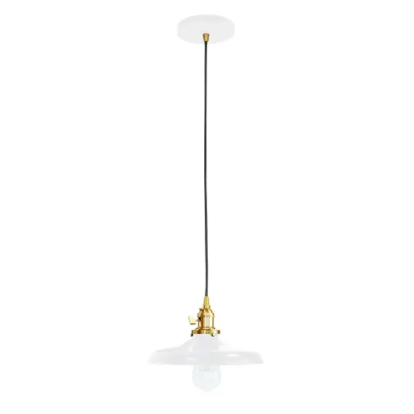 The Uno Pendant is a nod to our industrial roots. Designed around a single Uno socket and shade holder, with multiple shades in various materials, the options for this series are endless. These sconces are for interior use, great fixtures in a living area, bedroom or kitchen. Collection: Uno Finish: White w/Brushed Brass Glass: 10 inch Uno Notes: Option (1) A19 LED or A19 LED Filament Width: 10.00" Height: 77.00" Length: 10.00" Weight: 6.00 lb Wire: 6' Black SJT Canopy: 5" diameter Number of Bulbs: 1 Maximum Wattage: 100.00 W Bulb Type: A19 Bulb Base: E26 Medium Light Source: Incandescent or LED equivalent Dimmable Voltage: 120.00 V Country of Origin: US Safety Listing: UL/cUL Safety Rating: Dry Dark Sky LED Manufacturer Warranty: 1-year limited warranty on the fixture.