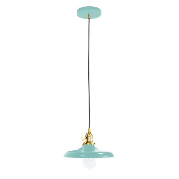 The Uno Pendant is a nod to our industrial roots. Designed around a single Uno socket and shade holder, with multiple shades in various materials, the options for this series are endless. These sconces are for interior use, great fixtures in a living area, bedroom or kitchen. Collection: Uno Finish: Sea Green w/Brushed Brass Glass: 10 inch Uno Notes: Option (1) A19 LED or A19 LED Filament Width: 10.00" Height: 77.00" Length: 10.00" Weight: 6.00 lb Wire: 6' Black SJT Canopy: 5" diameter Number of Bulbs: 1 Maximum Wattage: 100.00 W Bulb Type: A19 Bulb Base: E26 Medium Light Source: Incandescent or LED equivalent Dimmable Voltage: 120.00 V Country of Origin: US Safety Listing: UL/cUL Safety Rating: Dry Dark Sky LED Manufacturer Warranty: 1-year limited warranty on the fixture.