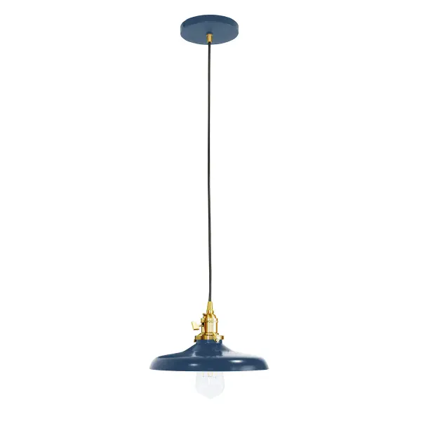 The Uno Pendant is a nod to our industrial roots. Designed around a single Uno socket and shade holder, with multiple shades in various materials, the options for this series are endless. These sconces are for interior use, great fixtures in a living area, bedroom or kitchen. Collection: Uno Finish: Navy w/Brushed Brass Glass: 10 inch Uno Notes: Option (1) A19 LED or A19 LED Filament Width: 10.00" Height: 77.00" Length: 10.00" Weight: 6.00 lb Wire: 6' Black SJT Canopy: 5" diameter Number of Bulbs: 1 Maximum Wattage: 100.00 W Bulb Type: A19 Bulb Base: E26 Medium Light Source: Incandescent or LED equivalent Dimmable Voltage: 120.00 V Country of Origin: US Safety Listing: UL/cUL Safety Rating: Dry Dark Sky LED Manufacturer Warranty: 1-year limited warranty on the fixture.