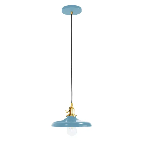 The Uno Pendant is a nod to our industrial roots. Designed around a single Uno socket and shade holder, with multiple shades in various materials, the options for this series are endless. These sconces are for interior use, great fixtures in a living area, bedroom or kitchen. Collection: Uno Finish: Light Blue w/Brushed Brass Glass: 10 inch Uno Notes: Option (1) A19 LED or A19 LED Filament Width: 10.00" Height: 77.00" Length: 10.00" Weight: 6.00 lb Wire: 6' Black SJT Canopy: 5" diameter Number of Bulbs: 1 Maximum Wattage: 100.00 W Bulb Type: A19 Bulb Base: E26 Medium Light Source: Incandescent or LED equivalent Dimmable Voltage: 120.00 V Country of Origin: US Safety Listing: UL/cUL Safety Rating: Dry Dark Sky LED Manufacturer Warranty: 1-year limited warranty on the fixture.