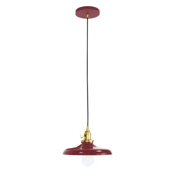 The Uno Pendant is a nod to our industrial roots. Designed around a single Uno socket and shade holder, with multiple shades in various materials, the options for this series are endless. These sconces are for interior use, great fixtures in a living area, bedroom or kitchen. Collection: Uno Finish: Barn Red w/Brushed Brass Glass: 10 inch Uno Notes: Option (1) A19 LED or A19 LED Filament Width: 10.00" Height: 77.00" Length: 10.00" Weight: 6.00 lb Wire: 6' Black SJT Canopy: 5" diameter Number of Bulbs: 1 Maximum Wattage: 100.00 W Bulb Type: A19 Bulb Base: E26 Medium Light Source: Incandescent or LED equivalent Dimmable Voltage: 120.00 V Country of Origin: US Safety Listing: UL/cUL Safety Rating: Dry Dark Sky LED Manufacturer Warranty: 1-year limited warranty on the fixture.