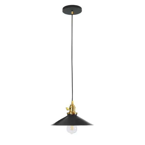The Uno Pendant is a nod to our industrial roots. Designed around a single Uno socket and shade holder, with multiple shades in various materials, the options for this series are endless. These sconces are for interior use, great fixtures in a living area, bedroom or kitchen. Collection: Uno Finish: Black w/Brushed Brass Glass: 10 inch Uno Notes: Option (1) A19 LED or A19 LED Filament Width: 10.00" Height: 77.00" Length: 10.00" Weight: 6.00 lb Wire: 6' Black SJT Canopy: 5" diameter Number of Bulbs: 1 Maximum Wattage: 100.00 W Bulb Type: A19 Bulb Base: E26 Medium Light Source: Incandescent or LED equivalent Dimmable Voltage: 120.00 V Country of Origin: US Safety Listing: UL/cUL Safety Rating: Dry Dark Sky LED Manufacturer Warranty: 1-year limited warranty on the fixture.