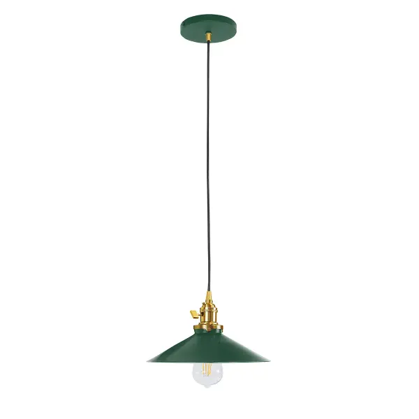 The Uno Pendant is a nod to our industrial roots. Designed around a single Uno socket and shade holder, with multiple shades in various materials, the options for this series are endless. These sconces are for interior use, great fixtures in a living area, bedroom or kitchen. Collection: Uno Finish: Forest Green w/Brushed Brass Glass: 10 inch Uno Notes: Option (1) A19 LED or A19 LED Filament Width: 10.00" Height: 77.00" Length: 10.00" Weight: 6.00 lb Wire: 6' Black SJT Canopy: 5" diameter Number of Bulbs: 1 Maximum Wattage: 100.00 W Bulb Type: A19 Bulb Base: E26 Medium Light Source: Incandescent or LED equivalent Dimmable Voltage: 120.00 V Country of Origin: US Safety Listing: UL/cUL Safety Rating: Dry Dark Sky LED Manufacturer Warranty: 1-year limited warranty on the fixture.
