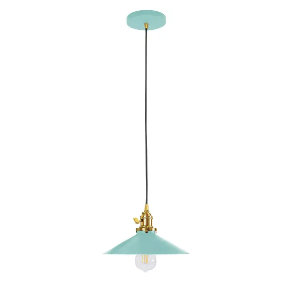The Uno Pendant is a nod to our industrial roots. Designed around a single Uno socket and shade holder, with multiple shades in various materials, the options for this series are endless. These sconces are for interior use, great fixtures in a living area, bedroom or kitchen. Collection: Uno Finish: Sea Green w/Brushed Brass Glass: 10 inch Uno Notes: Option (1) A19 LED or A19 LED Filament Width: 10.00" Height: 77.00" Length: 10.00" Weight: 6.00 lb Wire: 6' Black SJT Canopy: 5" diameter Number of Bulbs: 1 Maximum Wattage: 100.00 W Bulb Type: A19 Bulb Base: E26 Medium Light Source: Incandescent or LED equivalent Dimmable Voltage: 120.00 V Country of Origin: US Safety Listing: UL/cUL Safety Rating: Dry Dark Sky LED Manufacturer Warranty: 1-year limited warranty on the fixture.
