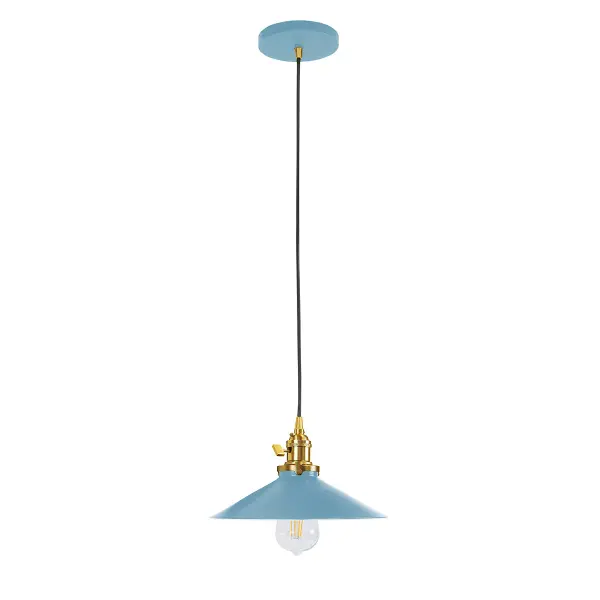 The Uno Pendant is a nod to our industrial roots. Designed around a single Uno socket and shade holder, with multiple shades in various materials, the options for this series are endless. These sconces are for interior use, great fixtures in a living area, bedroom or kitchen. Collection: Uno Finish: Light Blue w/Brushed Brass Glass: 10 inch Uno Notes: Option (1) A19 LED or A19 LED Filament Width: 10.00" Height: 77.00" Length: 10.00" Weight: 6.00 lb Wire: 6' Black SJT Canopy: 5" diameter Number of Bulbs: 1 Maximum Wattage: 100.00 W Bulb Type: A19 Bulb Base: E26 Medium Light Source: Incandescent or LED equivalent Dimmable Voltage: 120.00 V Country of Origin: US Safety Listing: UL/cUL Safety Rating: Dry Dark Sky LED Manufacturer Warranty: 1-year limited warranty on the fixture.