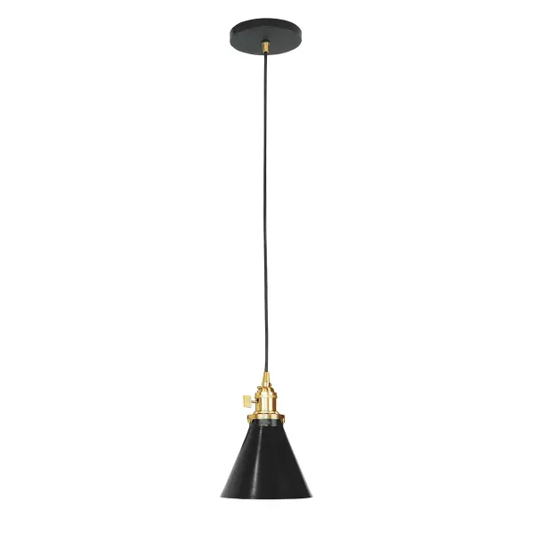 The Uno Pendant is a nod to our industrial roots. Designed around a single Uno socket and shade holder, with multiple shades in various materials, the options for this series are endless. These sconces are for interior use, great fixtures in a living area, bedroom or kitchen. Collection: Uno Finish: Black w/Brushed Brass Glass: 6 inch Uno Notes: Option (1) A19 LED or A19 LED Filament Width: 6.00" Height: 79.50" Length: 6.00" Weight: 6.00 lb Wire: 6' Black SJT Canopy: 5" diameter Number of Bulbs: 1 Maximum Wattage: 100.00 W Bulb Type: A19 Bulb Base: E26 Medium Light Source: Incandescent or LED equivalent Dimmable Voltage: 120.00 V Country of Origin: US Safety Listing: UL/cUL Safety Rating: Dry Dark Sky LED Manufacturer Warranty: 1-year limited warranty on the fixture.