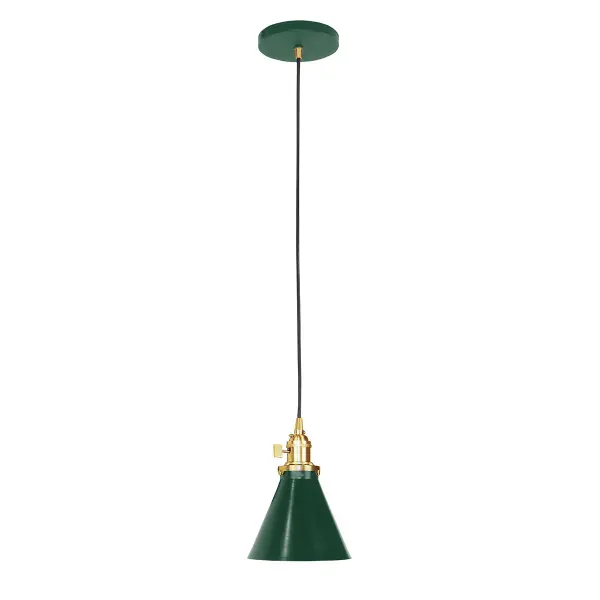The Uno Pendant is a nod to our industrial roots. Designed around a single Uno socket and shade holder, with multiple shades in various materials, the options for this series are endless. These sconces are for interior use, great fixtures in a living area, bedroom or kitchen. Collection: Uno Finish: Forest Green w/Brushed Brass Glass: 6 inch Uno Notes: Option (1) A19 LED or A19 LED Filament Width: 6.00" Height: 79.50" Length: 6.00" Weight: 6.00 lb Wire: 6' Black SJT Canopy: 5" diameter Number of Bulbs: 1 Maximum Wattage: 100.00 W Bulb Type: A19 Bulb Base: E26 Medium Light Source: Incandescent or LED equivalent Dimmable Voltage: 120.00 V Country of Origin: US Safety Listing: UL/cUL Safety Rating: Dry Dark Sky LED Manufacturer Warranty: 1-year limited warranty on the fixture.