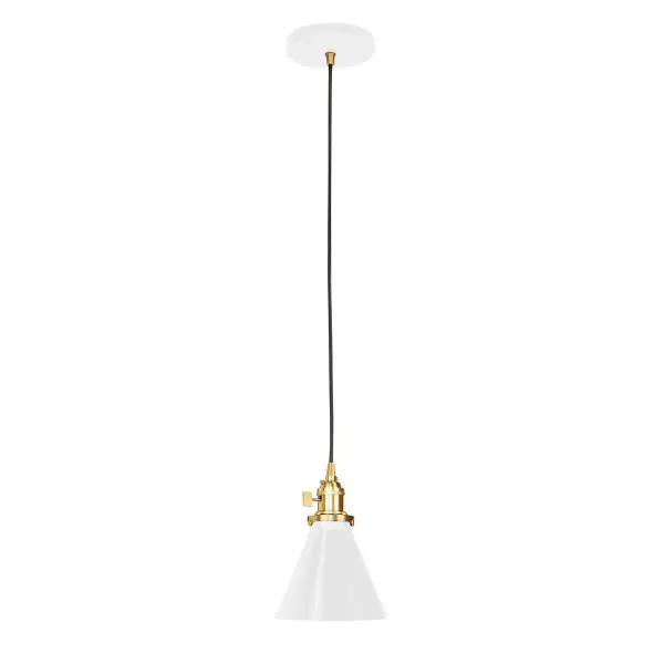 The Uno Pendant is a nod to our industrial roots. Designed around a single Uno socket and shade holder, with multiple shades in various materials, the options for this series are endless. These sconces are for interior use, great fixtures in a living area, bedroom or kitchen. Collection: Uno Finish: White w/Brushed Brass Glass: 6 inch Uno Notes: Option (1) A19 LED or A19 LED Filament Width: 6.00" Height: 79.50" Length: 6.00" Weight: 6.00 lb Wire: 6' Black SJT Canopy: 5" diameter Number of Bulbs: 1 Maximum Wattage: 100.00 W Bulb Type: A19 Bulb Base: E26 Medium Light Source: Incandescent or LED equivalent Dimmable Voltage: 120.00 V Country of Origin: US Safety Listing: UL/cUL Safety Rating: Dry Dark Sky LED Manufacturer Warranty: 1-year limited warranty on the fixture.
