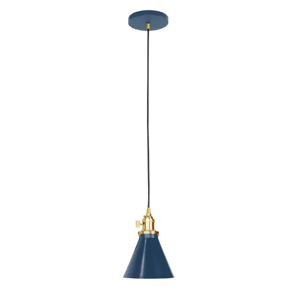 The Uno Pendant is a nod to our industrial roots. Designed around a single Uno socket and shade holder, with multiple shades in various materials, the options for this series are endless. These sconces are for interior use, great fixtures in a living area, bedroom or kitchen. Collection: Uno Finish: Navy w/Brushed Brass Glass: 6 inch Uno Notes: Option (1) A19 LED or A19 LED Filament Width: 6.00" Height: 79.50" Length: 6.00" Weight: 6.00 lb Wire: 6' Black SJT Canopy: 5" diameter Number of Bulbs: 1 Maximum Wattage: 100.00 W Bulb Type: A19 Bulb Base: E26 Medium Light Source: Incandescent or LED equivalent Dimmable Voltage: 120.00 V Country of Origin: US Safety Listing: UL/cUL Safety Rating: Dry Dark Sky LED Manufacturer Warranty: 1-year limited warranty on the fixture.
