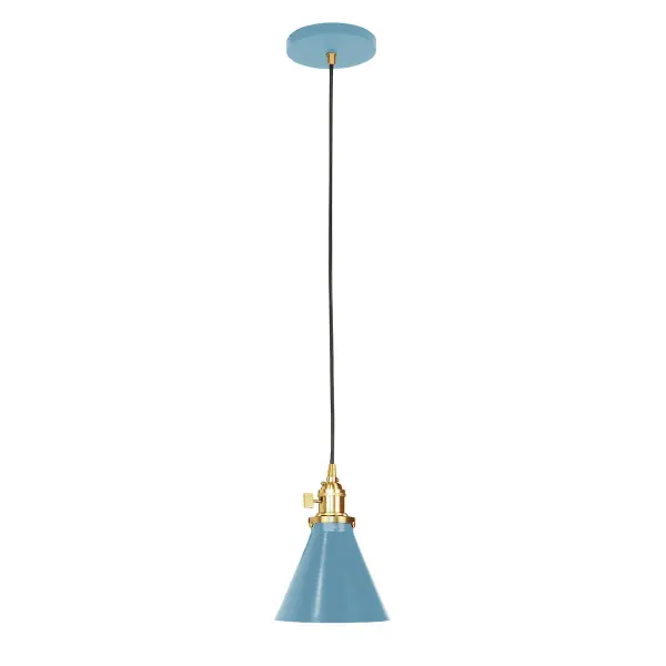 The Uno Pendant is a nod to our industrial roots. Designed around a single Uno socket and shade holder, with multiple shades in various materials, the options for this series are endless. These sconces are for interior use, great fixtures in a living area, bedroom or kitchen. Collection: Uno Finish: Light Blue w/Brushed Brass Glass: 6 inch Uno Notes: Option (1) A19 LED or A19 LED Filament Width: 6.00" Height: 79.50" Length: 6.00" Weight: 6.00 lb Wire: 6' Black SJT Canopy: 5" diameter Number of Bulbs: 1 Maximum Wattage: 100.00 W Bulb Type: A19 Bulb Base: E26 Medium Light Source: Incandescent or LED equivalent Dimmable Voltage: 120.00 V Country of Origin: US Safety Listing: UL/cUL Safety Rating: Dry Dark Sky LED Manufacturer Warranty: 1-year limited warranty on the fixture.