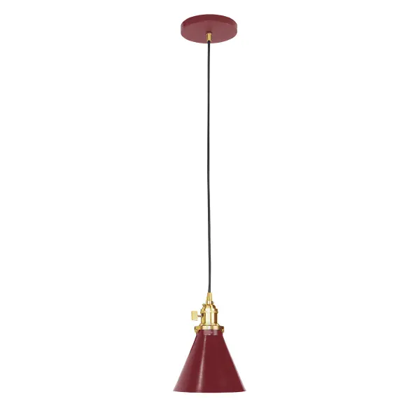 The Uno Pendant is a nod to our industrial roots. Designed around a single Uno socket and shade holder, with multiple shades in various materials, the options for this series are endless. These sconces are for interior use, great fixtures in a living area, bedroom or kitchen. Collection: Uno Finish: Barn Red w/Brushed Brass Glass: 6 inch Uno Notes: Option (1) A19 LED or A19 LED Filament Width: 6.00" Height: 79.50" Length: 6.00" Weight: 6.00 lb Wire: 6' Black SJT Canopy: 5" diameter Number of Bulbs: 1 Maximum Wattage: 100.00 W Bulb Type: A19 Bulb Base: E26 Medium Light Source: Incandescent or LED equivalent Dimmable Voltage: 120.00 V Country of Origin: US Safety Listing: UL/cUL Safety Rating: Dry Dark Sky LED Manufacturer Warranty: 1-year limited warranty on the fixture.