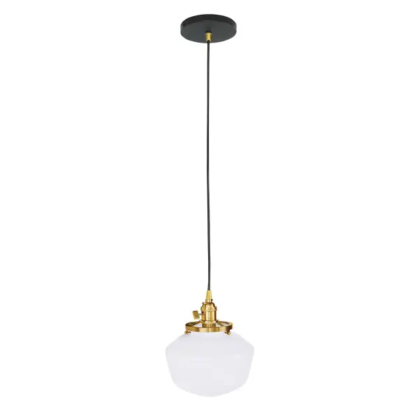 The Uno Pendant is a nod to our industrial roots. Designed around a single Uno socket and shade holder, with multiple shades in various materials, the options for this series are endless. These sconces are for interior use, great fixtures in a living area, bedroom or kitchen. Collection: Uno Finish: Black w/Brushed Brass Glass: 8 inch Uno Notes: Option (1) A19 LED or A19 LED Filament Width: 8.00" Height: 80.88" Length: 8.00" Weight: 6.00 lb Wire: 6' Black SJT Canopy: 5" diameter Number of Bulbs: 1 Maximum Wattage: 100.00 W Bulb Type: A19 Bulb Base: E26 Medium Light Source: Incandescent or LED equivalent Dimmable Voltage: 120.00 V Country of Origin: US Safety Listing: UL/cUL Safety Rating: Dry Dark Sky LED Manufacturer Warranty: 1-year limited warranty on the fixture.