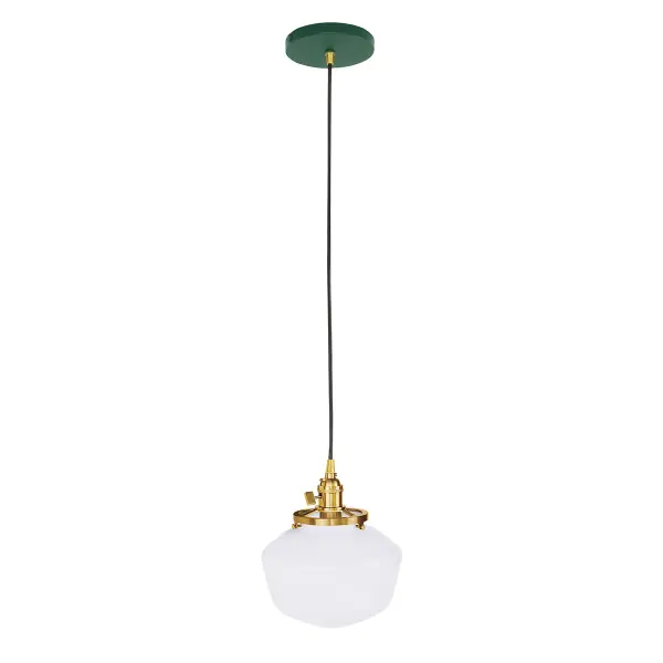 The Uno Pendant is a nod to our industrial roots. Designed around a single Uno socket and shade holder, with multiple shades in various materials, the options for this series are endless. These sconces are for interior use, great fixtures in a living area, bedroom or kitchen. Collection: Uno Finish: Forest Green w/Brushed Brass Glass: 8 inch Uno Notes: Option (1) A19 LED or A19 LED Filament Width: 8.00" Height: 80.88" Length: 8.00" Weight: 6.00 lb Wire: 6' Black SJT Canopy: 5" diameter Number of Bulbs: 1 Maximum Wattage: 100.00 W Bulb Type: A19 Bulb Base: E26 Medium Light Source: Incandescent or LED equivalent Dimmable Voltage: 120.00 V Country of Origin: US Safety Listing: UL/cUL Safety Rating: Dry Dark Sky LED Manufacturer Warranty: 1-year limited warranty on the fixture.