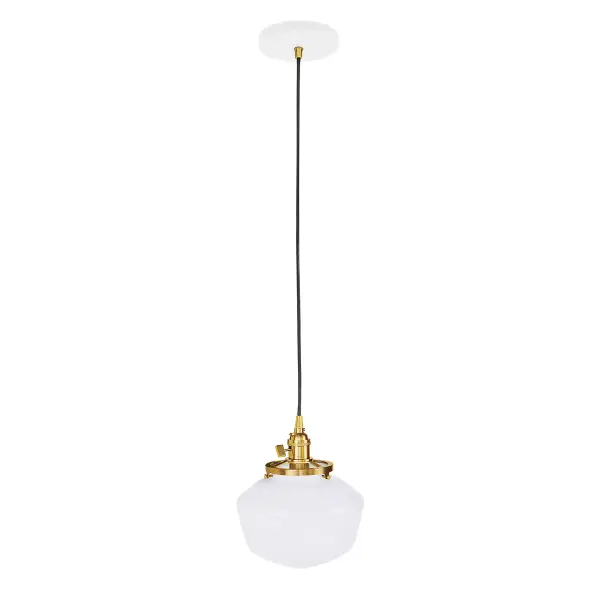The Uno Pendant is a nod to our industrial roots. Designed around a single Uno socket and shade holder, with multiple shades in various materials, the options for this series are endless. These sconces are for interior use, great fixtures in a living area, bedroom or kitchen. Collection: Uno Finish: White w/Brushed Brass Glass: 8 inch Uno Notes: Option (1) A19 LED or A19 LED Filament Width: 8.00" Height: 80.88" Length: 8.00" Weight: 6.00 lb Wire: 6' Black SJT Canopy: 5" diameter Number of Bulbs: 1 Maximum Wattage: 100.00 W Bulb Type: A19 Bulb Base: E26 Medium Light Source: Incandescent or LED equivalent Dimmable Voltage: 120.00 V Country of Origin: US Safety Listing: UL/cUL Safety Rating: Dry Dark Sky LED Manufacturer Warranty: 1-year limited warranty on the fixture.