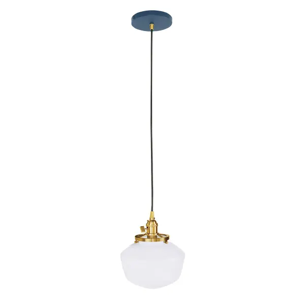 The Uno Pendant is a nod to our industrial roots. Designed around a single Uno socket and shade holder, with multiple shades in various materials, the options for this series are endless. These sconces are for interior use, great fixtures in a living area, bedroom or kitchen. Collection: Uno Finish: Navy w/Brushed Brass Glass: 8 inch Uno Notes: Option (1) A19 LED or A19 LED Filament Width: 8.00" Height: 80.88" Length: 8.00" Weight: 6.00 lb Wire: 6' Black SJT Canopy: 5" diameter Number of Bulbs: 1 Maximum Wattage: 100.00 W Bulb Type: A19 Bulb Base: E26 Medium Light Source: Incandescent or LED equivalent Dimmable Voltage: 120.00 V Country of Origin: US Safety Listing: UL/cUL Safety Rating: Dry Dark Sky LED Manufacturer Warranty: 1-year limited warranty on the fixture.