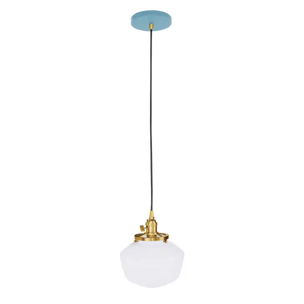 The Uno Pendant is a nod to our industrial roots. Designed around a single Uno socket and shade holder, with multiple shades in various materials, the options for this series are endless. These sconces are for interior use, great fixtures in a living area, bedroom or kitchen. Collection: Uno Finish: Light Blue w/Brushed Brass Glass: 8 inch Uno Notes: Option (1) A19 LED or A19 LED Filament Width: 8.00" Height: 80.88" Length: 8.00" Weight: 6.00 lb Wire: 6' Black SJT Canopy: 5" diameter Number of Bulbs: 1 Maximum Wattage: 100.00 W Bulb Type: A19 Bulb Base: E26 Medium Light Source: Incandescent or LED equivalent Dimmable Voltage: 120.00 V Country of Origin: US Safety Listing: UL/cUL Safety Rating: Dry Dark Sky LED Manufacturer Warranty: 1-year limited warranty on the fixture.