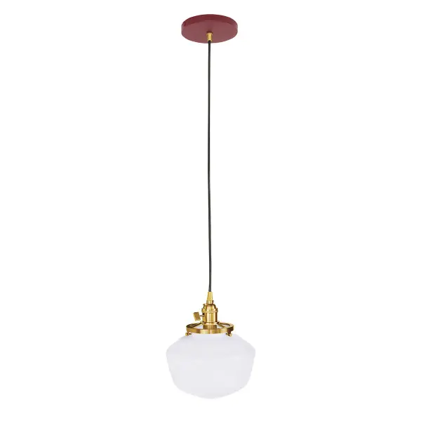 The Uno Pendant is a nod to our industrial roots. Designed around a single Uno socket and shade holder, with multiple shades in various materials, the options for this series are endless. These sconces are for interior use, great fixtures in a living area, bedroom or kitchen. Collection: Uno Finish: Barn Red w/Brushed Brass Glass: 8 inch Uno Notes: Option (1) A19 LED or A19 LED Filament Width: 8.00" Height: 80.88" Length: 8.00" Weight: 6.00 lb Wire: 6' Black SJT Canopy: 5" diameter Number of Bulbs: 1 Maximum Wattage: 100.00 W Bulb Type: A19 Bulb Base: E26 Medium Light Source: Incandescent or LED equivalent Dimmable Voltage: 120.00 V Country of Origin: US Safety Listing: UL/cUL Safety Rating: Dry Dark Sky LED Manufacturer Warranty: 1-year limited warranty on the fixture.