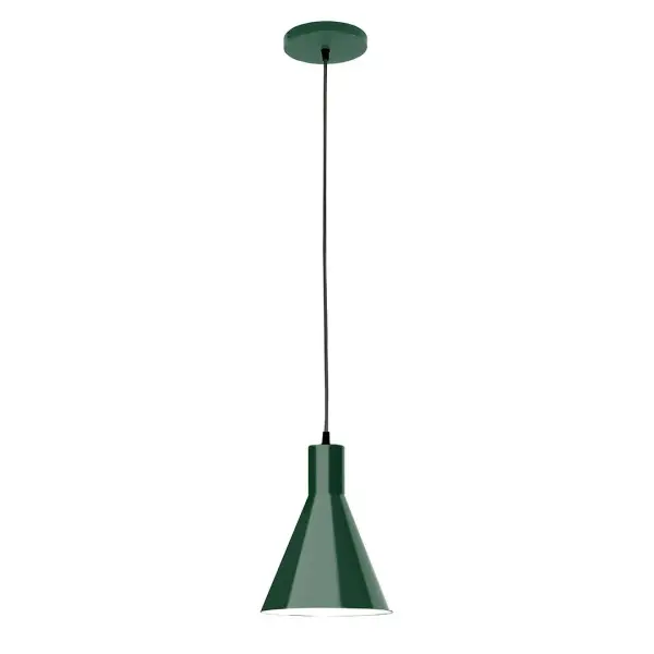 Cord hung pendants are a fun and useful addition to your décor, they will add color, and design flair to any application. Choose from 10 finishes and 10 cord patterns, accessorize with a wire grill, or glass and guard to create your own custom pendant. Great for interior use over a table, island, or workbench. Our 12-inch glass Jerome shade is made in the USA and will add a vintage feel to your space. Collection: Jerome Finish: Forest Green Glass: 8 inch Jerome Width: 8.00" Height: 82.00" Length: 8.00" Weight: 6.00 lb Wire: 6' Red and White Zigzag Fabric Cord Canopy: 5" diameter Number of Bulbs: 1 Maximum Wattage: 8.00 W Light Source: LED Light Output: 800.00 lm Color Temperature: 3000 K CRI: 90 Dimmable Rated Average Life: 50,000 Voltage: 120.00 V Country of Origin: US Safety Listing: UL/cUL Safety Rating: Dry LED Manufacturer Warranty: 1-year limited warranty on the fixture.