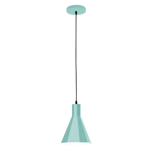 Cord hung pendants are a fun and useful addition to your décor, they will add color, and design flair to any application. Choose from 10 finishes and 10 cord patterns, accessorize with a wire grill, or glass and guard to create your own custom pendant. Great for interior use over a table, island, or workbench. Our 12-inch glass Jerome shade is made in the USA and will add a vintage feel to your space. Collection: Jerome Finish: Sea Green Glass: 8 inch Jerome Width: 8.00" Height: 82.00" Length: 8.00" Weight: 6.00 lb Wire: 6' White and Gray Dot Fabric Cord Canopy: 5" diameter Number of Bulbs: 1 Maximum Wattage: 8.00 W Light Source: LED Light Output: 800.00 lm Color Temperature: 3000 K CRI: 90 Dimmable Rated Average Life: 50,000 Voltage: 120.00 V Country of Origin: US Safety Listing: UL/cUL Safety Rating: Dry LED Manufacturer Warranty: 1-year limited warranty on the fixture.