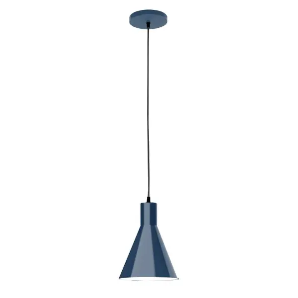 Cord hung pendants are a fun and useful addition to your décor, they will add color, and design flair to any application. Choose from 10 finishes and 10 cord patterns, accessorize with a wire grill, or glass and guard to create your own custom pendant. Great for interior use over a table, island, or workbench. Our 12-inch glass Jerome shade is made in the USA and will add a vintage feel to your space. Collection: Jerome Finish: Navy Glass: 8 inch Jerome Width: 8.00" Height: 82.00" Length: 8.00" Weight: 6.00 lb Wire: 6' White and Gray Dot Fabric Cord Canopy: 5" diameter Number of Bulbs: 1 Maximum Wattage: 8.00 W Light Source: LED Light Output: 800.00 lm Color Temperature: 3000 K CRI: 90 Dimmable Rated Average Life: 50,000 Voltage: 120.00 V Country of Origin: US Safety Listing: UL/cUL Safety Rating: Dry LED Manufacturer Warranty: 1-year limited warranty on the fixture.