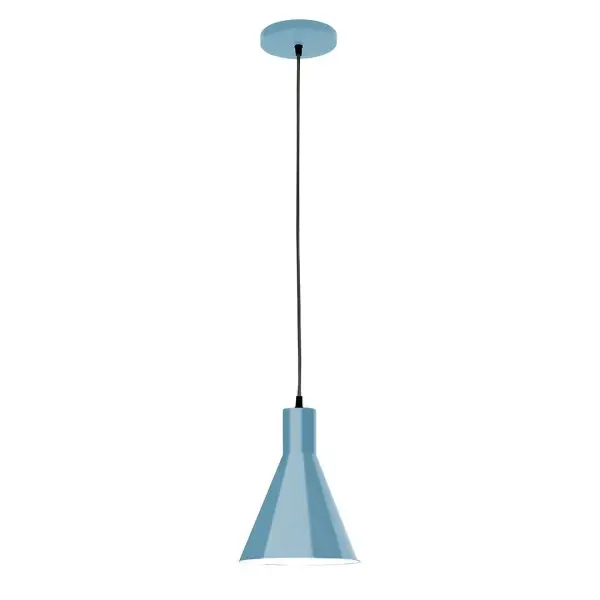 Cord hung pendants are a fun and useful addition to your décor, they will add color, and design flair to any application. Choose from 10 finishes and 10 cord patterns, accessorize with a wire grill, or glass and guard to create your own custom pendant. Great for interior use over a table, island, or workbench. Our 12-inch glass Jerome shade is made in the USA and will add a vintage feel to your space. Collection: Jerome Finish: Light Blue Glass: 8 inch Jerome Width: 8.00" Height: 82.00" Length: 8.00" Weight: 6.00 lb Wire: 6' Navy Mini Tweed Fabric Cord Canopy: 5" diameter Number of Bulbs: 1 Maximum Wattage: 8.00 W Light Source: LED Light Output: 800.00 lm Color Temperature: 3000 K CRI: 90 Dimmable Rated Average Life: 50,000 Voltage: 120.00 V Country of Origin: US Safety Listing: UL/cUL Safety Rating: Dry LED Manufacturer Warranty: 1-year limited warranty on the fixture.