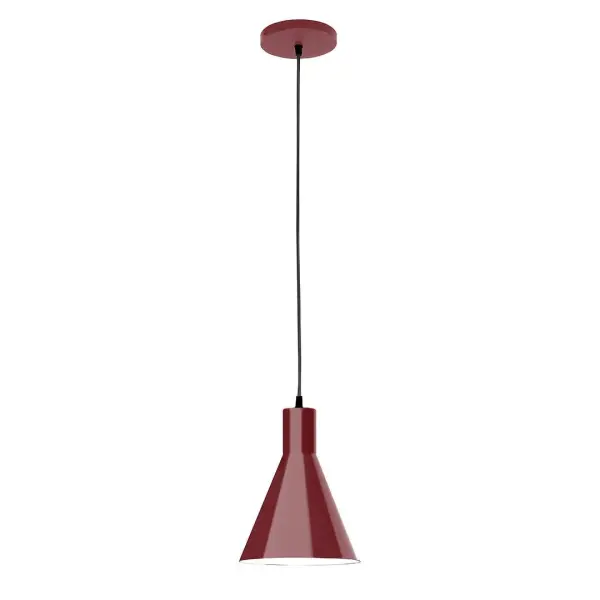 Cord hung pendants are a fun and useful addition to your décor, they will add color, and design flair to any application. Choose from 10 finishes and 10 cord patterns, accessorize with a wire grill, or glass and guard to create your own custom pendant. Great for interior use over a table, island, or workbench. Our 12-inch glass Jerome shade is made in the USA and will add a vintage feel to your space. Collection: Jerome Finish: Barn Red Glass: 8 inch Jerome Width: 8.00" Height: 82.00" Length: 8.00" Weight: 6.00 lb Wire: 6' Polished Copper Fabric Cord Canopy: 5" diameter Number of Bulbs: 1 Maximum Wattage: 8.00 W Light Source: LED Light Output: 800.00 lm Color Temperature: 3000 K CRI: 90 Dimmable Rated Average Life: 50,000 Voltage: 120.00 V Country of Origin: US Safety Listing: UL/cUL Safety Rating: Dry LED Manufacturer Warranty: 1-year limited warranty on the fixture.