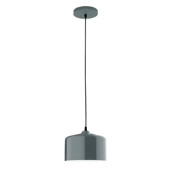 Cord hung pendants are a fun and useful addition to your décor, they will add color, and design flair to any application. Choose from 10 finishes and 10 cord patterns, accessorize with a wire grill, or glass and guard to create your own custom pendant. Great for interior use over a table, island, or workbench. Our 12-inch glass Julia shade is made in the USA and will add a vintage feel to your space. Collection: Julia Finish: Slate Gray Glass: 8.5 inch Julia Width: 8.50" Height: 78.00" Length: 8.50" Weight: 6.00 lb Wire: 6' Red and White Zigzag Fabric Cord Canopy: 5" diameter Number of Bulbs: 1 Maximum Wattage: 8.00 W Light Source: LED Light Output: 800.00 lm Color Temperature: 3000 K CRI: 90 Dimmable Rated Average Life: 50,000 Voltage: 120.00 V Country of Origin: US Safety Listing: UL/cUL Safety Rating: Dry LED Manufacturer Warranty: 1-year limited warranty on the fixture.