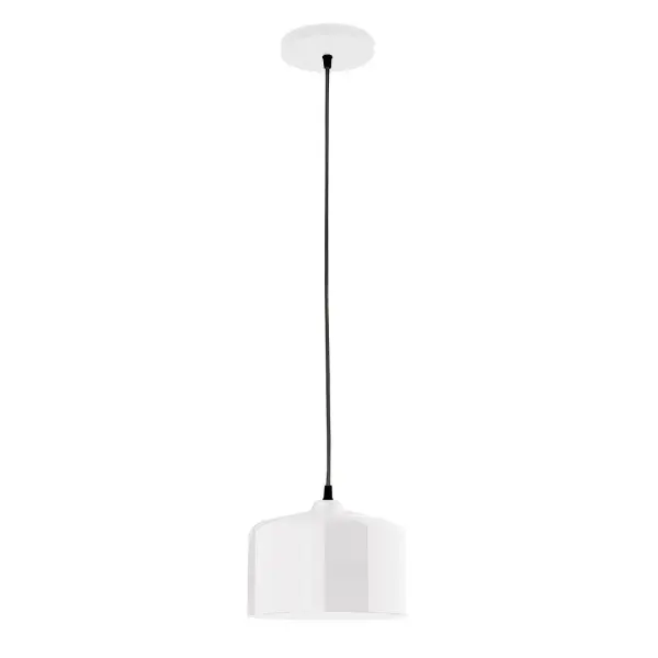 Cord hung pendants are a fun and useful addition to your décor, they will add color, and design flair to any application. Choose from 10 finishes and 10 cord patterns, accessorize with a wire grill, or glass and guard to create your own custom pendant. Great for interior use over a table, island, or workbench. Our 12-inch glass Julia shade is made in the USA and will add a vintage feel to your space. Collection: Julia Finish: White Glass: 8.5 inch Julia Width: 8.50" Height: 78.00" Length: 8.50" Weight: 6.00 lb Wire: 6' White SJT Cord Canopy: 5" diameter Number of Bulbs: 1 Maximum Wattage: 8.00 W Light Source: LED Light Output: 800.00 lm Color Temperature: 3000 K CRI: 90 Dimmable Rated Average Life: 50,000 Voltage: 120.00 V Country of Origin: US Safety Listing: UL/cUL Safety Rating: Dry LED Manufacturer Warranty: 1-year limited warranty on the fixture.