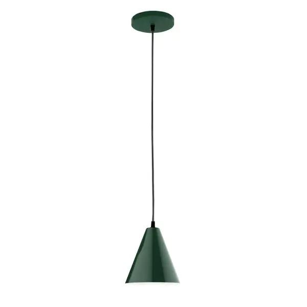 Cord hung pendants are a fun and useful addition to your décor, they will add color, and design flair to any application. Choose from 10 finishes and 10 cord patterns, accessorize with a wire grill, or glass and guard to create your own custom pendant. Great for interior use over a table, island, or workbench. Our 12-inch glass Jynx shade is made in the USA and will add a vintage feel to your space. Collection: Jynx Finish: Forest Green Glass: 8 inch Jynx Width: 8.00" Height: 80.00" Length: 8.00" Weight: 6.00 lb Wire: 6' White SJT Cord Canopy: 5" diameter Number of Bulbs: 1 Maximum Wattage: 8.00 W Light Source: LED Light Output: 800.00 lm Color Temperature: 3000 K CRI: 90 Dimmable Rated Average Life: 50,000 Voltage: 120.00 V Country of Origin: US Safety Listing: UL/cUL Safety Rating: Dry LED Manufacturer Warranty: 1-year limited warranty on the fixture.