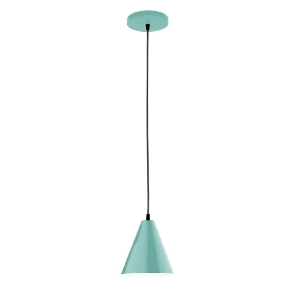 Cord hung pendants are a fun and useful addition to your décor, they will add color, and design flair to any application. Choose from 10 finishes and 10 cord patterns, accessorize with a wire grill, or glass and guard to create your own custom pendant. Great for interior use over a table, island, or workbench. Our 12-inch glass Jynx shade is made in the USA and will add a vintage feel to your space. Collection: Jynx Finish: Sea Green Glass: 8 inch Jynx Width: 8.00" Height: 80.00" Length: 8.00" Weight: 6.00 lb Wire: 6' Ivory Fabric Cord Canopy: 5" diameter Number of Bulbs: 1 Maximum Wattage: 8.00 W Light Source: LED Light Output: 800.00 lm Color Temperature: 3000 K CRI: 90 Dimmable Rated Average Life: 50,000 Voltage: 120.00 V Country of Origin: US Safety Listing: UL/cUL Safety Rating: Dry LED Manufacturer Warranty: 1-year limited warranty on the fixture.