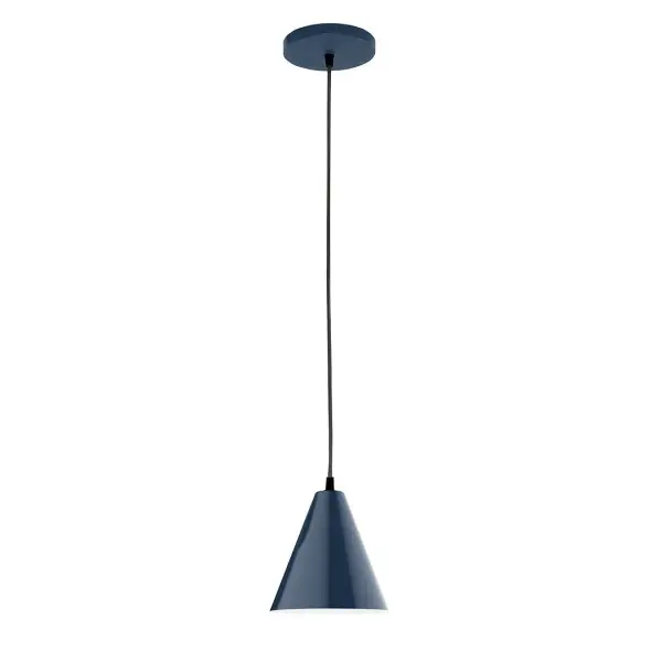 Cord hung pendants are a fun and useful addition to your décor, they will add color, and design flair to any application. Choose from 10 finishes and 10 cord patterns, accessorize with a wire grill, or glass and guard to create your own custom pendant. Great for interior use over a table, island, or workbench. Our 12-inch glass Jynx shade is made in the USA and will add a vintage feel to your space. Collection: Jynx Finish: Navy Glass: 8 inch Jynx Width: 8.00" Height: 80.00" Length: 8.00" Weight: 6.00 lb Wire: 6' Black Fabric Cord Canopy: 5" diameter Number of Bulbs: 1 Maximum Wattage: 8.00 W Light Source: LED Light Output: 800.00 lm Color Temperature: 3000 K CRI: 90 Dimmable Rated Average Life: 50,000 Voltage: 120.00 V Country of Origin: US Safety Listing: UL/cUL Safety Rating: Dry LED Manufacturer Warranty: 1-year limited warranty on the fixture.