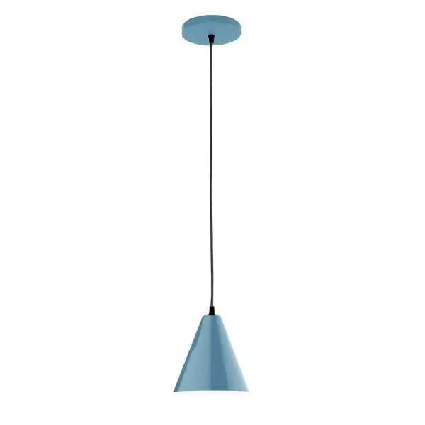 Cord hung pendants are a fun and useful addition to your décor, they will add color, and design flair to any application. Choose from 10 finishes and 10 cord patterns, accessorize with a wire grill, or glass and guard to create your own custom pendant. Great for interior use over a table, island, or workbench. Our 12-inch glass Jynx shade is made in the USA and will add a vintage feel to your space. Collection: Jynx Finish: Light Blue Glass: 8 inch Jynx Width: 8.00" Height: 80.00" Length: 8.00" Weight: 6.00 lb Wire: 6' Black and White Houndstooth Fabric Cord Canopy: 5" diameter Number of Bulbs: 1 Maximum Wattage: 8.00 W Light Source: LED Light Output: 800.00 lm Color Temperature: 3000 K CRI: 90 Dimmable Rated Average Life: 50,000 Voltage: 120.00 V Country of Origin: US Safety Listing: UL/cUL Safety Rating: Dry LED Manufacturer Warranty: 1-year limited warranty on the fixture.