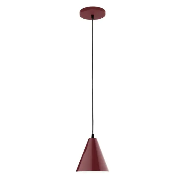 Cord hung pendants are a fun and useful addition to your décor, they will add color, and design flair to any application. Choose from 10 finishes and 10 cord patterns, accessorize with a wire grill, or glass and guard to create your own custom pendant. Great for interior use over a table, island, or workbench. Our 12-inch glass Jynx shade is made in the USA and will add a vintage feel to your space. Collection: Jynx Finish: Barn Red Glass: 8 inch Jynx Width: 8.00" Height: 80.00" Length: 8.00" Weight: 6.00 lb Wire: 6' White Fabric Cord Canopy: 5" diameter Number of Bulbs: 1 Maximum Wattage: 8.00 W Light Source: LED Light Output: 800.00 lm Color Temperature: 3000 K CRI: 90 Dimmable Rated Average Life: 50,000 Voltage: 120.00 V Country of Origin: US Safety Listing: UL/cUL Safety Rating: Dry LED Manufacturer Warranty: 1-year limited warranty on the fixture.