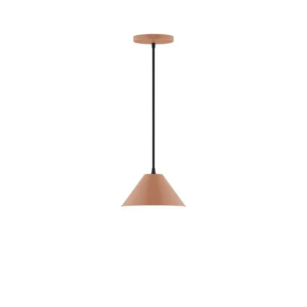 Pinnacle, a contemporary series of basic spun geometric shapes, is simply configured for interior use. Colorful and clean-lined, these axially symmetric shapes will add pizzazz to your space. Collection: Pinnacle Finish: Terracotta Glass: 8 inch Pinnacle Width: 8.00" Height: 76.00" Length: 8.00" Weight: 4.00 lb Wire: 6' Black and White Houndstooth Fabric Cord Canopy: 5" diameter Number of Bulbs: 1 Maximum Wattage: 8.00 W Light Source: LED Light Output: 800.00 lm Color Temperature: 3000 K CRI: 90 Dimmable Rated Average Life: 50,000 Voltage: 120.00 V Country of Origin: US Safety Listing: UL/cUL Safety Rating: Dry LED Manufacturer Warranty: 1-year limited warranty on the fixture.