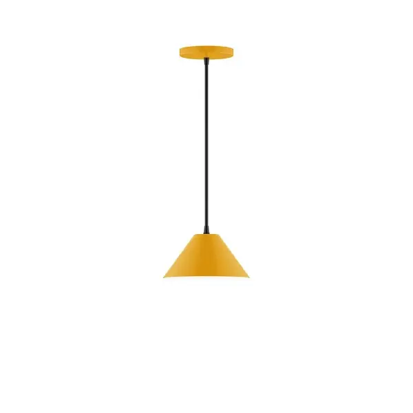 Pinnacle, a contemporary series of basic spun geometric shapes, is simply configured for interior use. Colorful and clean-lined, these axially symmetric shapes will add pizzazz to your space. Collection: Pinnacle Finish: Bright Yellow Glass: 8 inch Pinnacle Width: 8.00" Height: 76.00" Length: 8.00" Weight: 4.00 lb Wire: 6' Black SJT Canopy: 5" diameter Number of Bulbs: 1 Maximum Wattage: 8.00 W Light Source: LED Light Output: 800.00 lm Color Temperature: 3000 K CRI: 90 Dimmable Rated Average Life: 50,000 Voltage: 120.00 V Country of Origin: US Safety Listing: UL/cUL Safety Rating: Dry LED Manufacturer Warranty: 1-year limited warranty on the fixture.