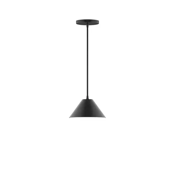 Pinnacle, a contemporary series of basic spun geometric shapes, is simply configured for interior use. Colorful and clean-lined, these axially symmetric shapes will add pizzazz to your space. Collection: Pinnacle Finish: Black Glass: 8 inch Pinnacle Width: 8.00" Height: 76.00" Length: 8.00" Weight: 4.00 lb Wire: 6' White and Gray Dot Fabric Cord Canopy: 5" diameter Number of Bulbs: 1 Maximum Wattage: 8.00 W Light Source: LED Light Output: 800.00 lm Color Temperature: 3000 K CRI: 90 Dimmable Rated Average Life: 50,000 Voltage: 120.00 V Country of Origin: US Safety Listing: UL/cUL Safety Rating: Dry LED Manufacturer Warranty: 1-year limited warranty on the fixture.