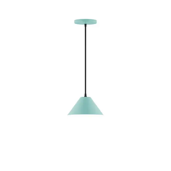Pinnacle, a contemporary series of basic spun geometric shapes, is simply configured for interior use. Colorful and clean-lined, these axially symmetric shapes will add pizzazz to your space. Collection: Pinnacle Finish: Sea Green Glass: 8 inch Pinnacle Width: 8.00" Height: 76.00" Length: 8.00" Weight: 4.00 lb Wire: 6' Cool Tweed Fabric Cord Canopy: 5" diameter Number of Bulbs: 1 Maximum Wattage: 8.00 W Light Source: LED Light Output: 800.00 lm Color Temperature: 3000 K CRI: 90 Dimmable Rated Average Life: 50,000 Voltage: 120.00 V Country of Origin: US Safety Listing: UL/cUL Safety Rating: Dry LED Manufacturer Warranty: 1-year limited warranty on the fixture.