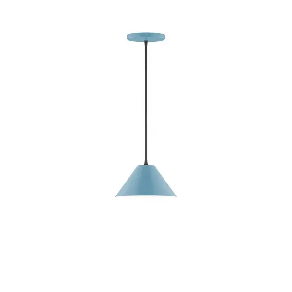 Pinnacle, a contemporary series of basic spun geometric shapes, is simply configured for interior use. Colorful and clean-lined, these axially symmetric shapes will add pizzazz to your space. Collection: Pinnacle Finish: Light Blue Glass: 8 inch Pinnacle Width: 8.00" Height: 76.00" Length: 8.00" Weight: 4.00 lb Wire: 6' Black Fabric Cord Canopy: 5" diameter Number of Bulbs: 1 Maximum Wattage: 8.00 W Light Source: LED Light Output: 800.00 lm Color Temperature: 3000 K CRI: 90 Dimmable Rated Average Life: 50,000 Voltage: 120.00 V Country of Origin: US Safety Listing: UL/cUL Safety Rating: Dry LED Manufacturer Warranty: 1-year limited warranty on the fixture.