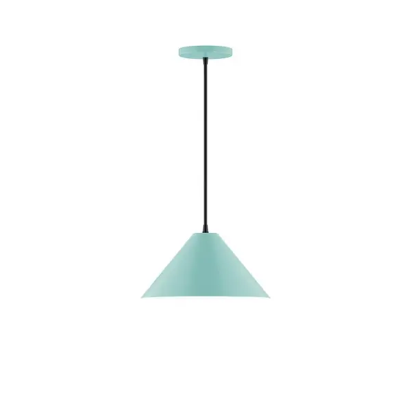Pinnacle, a contemporary series of basic spun geometric shapes, is simply configured for interior use. Colorful and clean-lined, these axially symmetric shapes will add pizzazz to your space. Collection: Pinnacle Finish: Sea Green Glass: 12 inch Pinnacle Width: 12.00" Height: 78.00" Length: 12.00" Weight: 6.00 lb Wire: 6' Black SJT Canopy: 5" diameter Number of Bulbs: 1 Maximum Wattage: 10.00 W Light Source: LED Light Output: 800.00 lm Color Temperature: 3000 K CRI: 90 Dimmable Rated Average Life: 50,000 Voltage: 120.00 V Country of Origin: US Safety Listing: UL/cUL Safety Rating: Dry LED Manufacturer Warranty: 1-year limited warranty on the fixture.