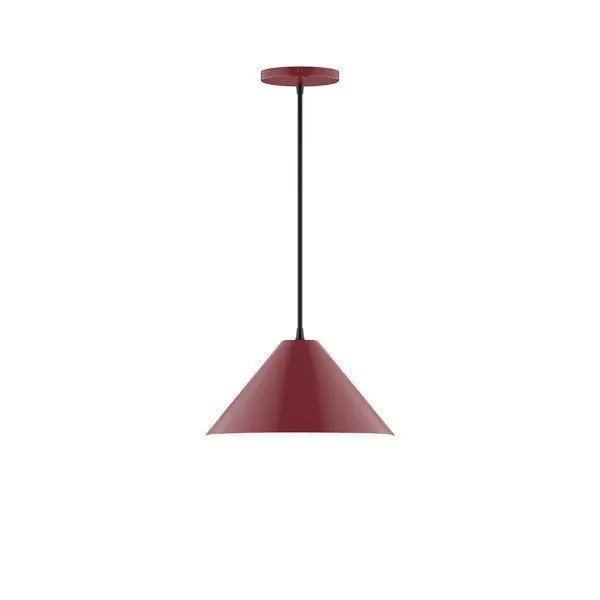 Pinnacle, a contemporary series of basic spun geometric shapes, is simply configured for interior use. Colorful and clean-lined, these axially symmetric shapes will add pizzazz to your space. Collection: Pinnacle Finish: Barn Red Glass: 6 inch White Opal Glass Globe Notes: Option (1) A19 LED Width: 12.00" Height: 78.00" Length: 12.00" Weight: 6.00 lb Wire: 6' Red and White Zigzag Fabric Cord Canopy: 5" diameter Number of Bulbs: 1 Maximum Wattage: 100.00 W Bulb Type: A19 Bulb Base: E26 Medium Light Source: Incandescent or LED equivalent Dimmable Voltage: 120.00 V Material: Aluminum Country of Origin: US Safety Listing: UL/cUL Safety Rating: Dry LED Manufacturer Warranty: 1-year limited warranty on the fixture.